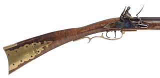 Frontier Deluxe Longrifle,
.36 caliber, 39" barrel,
flintlock, curly maple, brass trim with patchbox, 
used, by Davide Pedersoli
