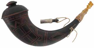 Buffalo Powder Horn,
15-1/2", turned antler spout, 
South Eastern Native scrimshaw, antler powder measure,
hand made, new, by Scott & Cathy Sibley