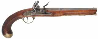Colonial Pistol,
.50 caliber smoothbore, 10" barrel,
flintlock, curly maple, brass trim,
used, by Thom Frazier