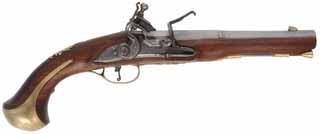 Kentucky Pistol,
.54 caliber, 8-1/2" octagon-to-round barrel,
flintlock, walnut, brass, used