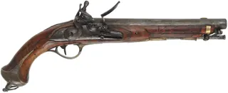 Antique Model 1789 Saxony Dragoon Pistol,
.69 caliber,  10-3/4" barrel, 
flintlock, walnut, brass, captured steel rod