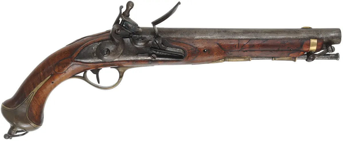 Antique Model 1789 Saxony Dragoon Pistol,
.69 caliber,  10-3/4" barrel, 
flintlock, walnut, brass, captured steel rod