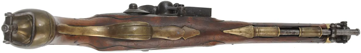 Antique Model 1789 Saxony Dragoon Pistol,
.69 caliber,  10-3/4" barrel, 
flintlock, walnut, brass, captured steel rod