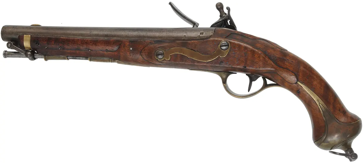Antique Model 1789 Saxony Dragoon Pistol,
.69 caliber,  10-3/4" barrel, 
flintlock, walnut, brass, captured steel rod