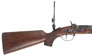  Gibbs Match Rifle , .451 caliber fast twist, 35" octagon-to-round barrel, percussion, checkered walnut, pistol grip, Red River Soule tang sight, Lyman spirit level globe sight, original sights, molds, sizing dies, used, by Davide Pedersoli & Co. 