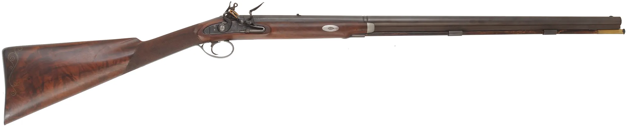 Flint Fowling Gun,
24 gauge, 30-1/2" octagon-to-round barrel,
flintlock, checkered walnut, iron trim,
used, by Ron Paull Flint Fowling Gun,
24 gauge, 30-1/2" octagon-to-round barrel,
flintlock, checkered walnut, iron trim,
used, by Ron Paull