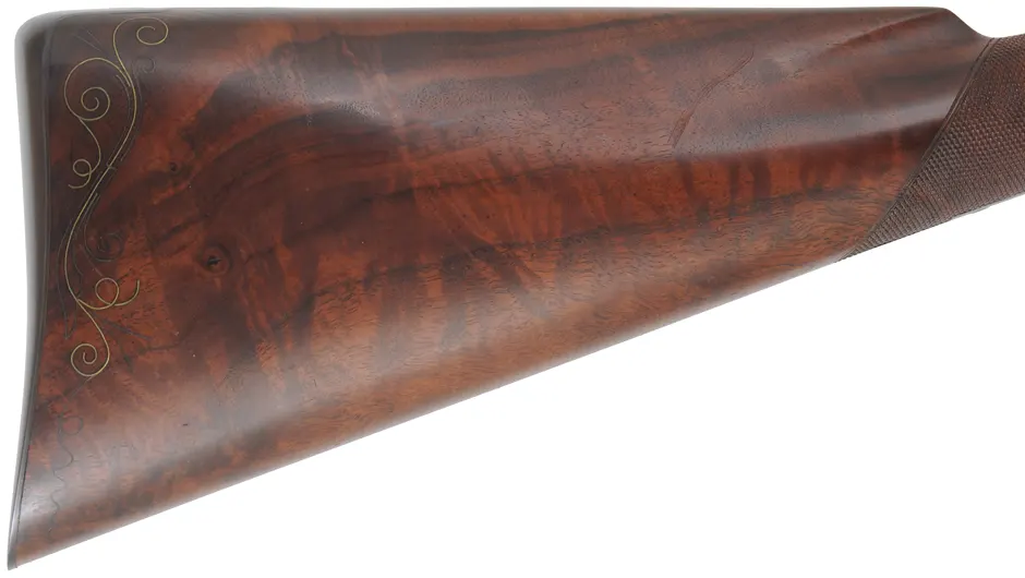 Flint Fowling Gun,
24 gauge, 30-1/2" octagon-to-round barrel,
flintlock, checkered walnut, iron trim,
used, by Ron Paull Flint Fowling Gun,
24 gauge, 30-1/2" octagon-to-round barrel,
flintlock, checkered walnut, iron trim,
used, by Ron Paull
