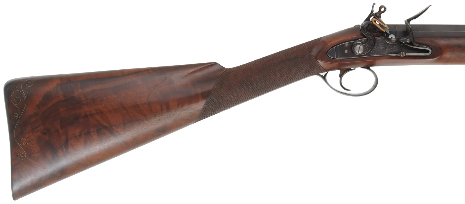 Flint Fowling Gun,
24 gauge, 30-1/2" octagon-to-round barrel,
flintlock, checkered walnut, iron trim,
used, by Ron Paull Flint Fowling Gun,
24 gauge, 30-1/2" octagon-to-round barrel,
flintlock, checkered walnut, iron trim,
used, by Ron Paull