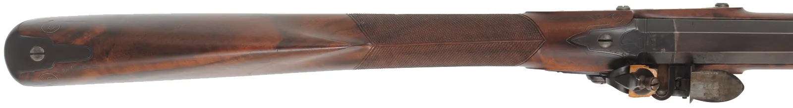 Flint Fowling Gun,
24 gauge, 30-1/2" octagon-to-round barrel,
flintlock, checkered walnut, iron trim,
used, by Ron Paull Flint Fowling Gun,
24 gauge, 30-1/2" octagon-to-round barrel,
flintlock, checkered walnut, iron trim,
used, by Ron Paull