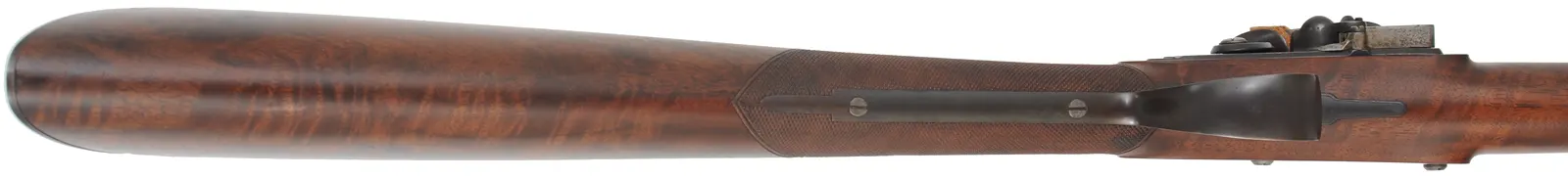 Flint Fowling Gun,
24 gauge, 30-1/2" octagon-to-round barrel,
flintlock, checkered walnut, iron trim,
used, by Ron Paull Flint Fowling Gun,
24 gauge, 30-1/2" octagon-to-round barrel,
flintlock, checkered walnut, iron trim,
used, by Ron Paull