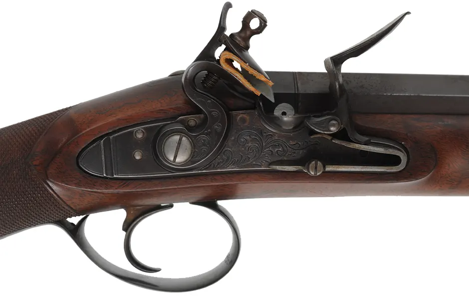 Flint Fowling Gun,
24 gauge, 30-1/2" octagon-to-round barrel,
flintlock, checkered walnut, iron trim,
used, by Ron Paull Flint Fowling Gun,
24 gauge, 30-1/2" octagon-to-round barrel,
flintlock, checkered walnut, iron trim,
used, by Ron Paull