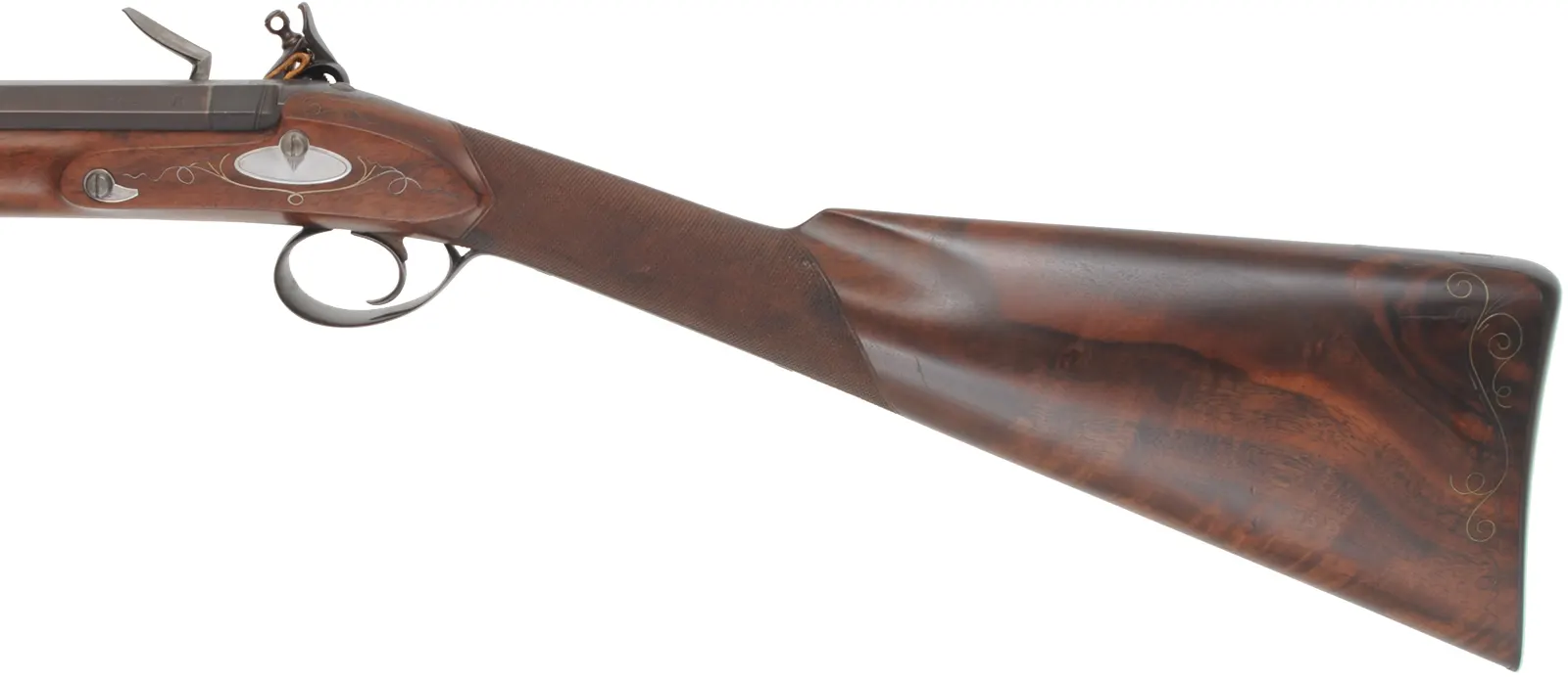Flint Fowling Gun,
24 gauge, 30-1/2" octagon-to-round barrel,
flintlock, checkered walnut, iron trim,
used, by Ron Paull Flint Fowling Gun,
24 gauge, 30-1/2" octagon-to-round barrel,
flintlock, checkered walnut, iron trim,
used, by Ron Paull