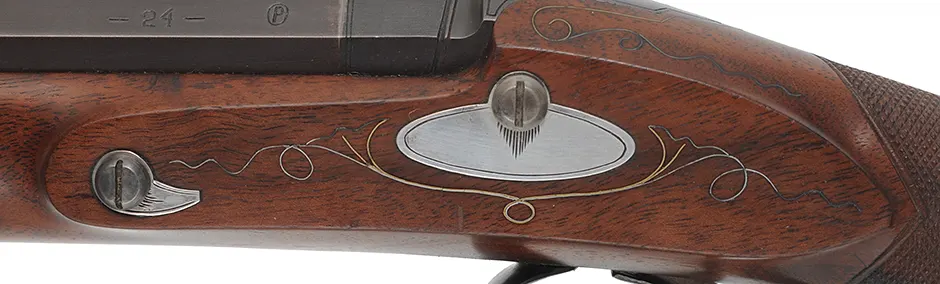 Flint Fowling Gun,
24 gauge, 30-1/2" octagon-to-round barrel,
flintlock, checkered walnut, iron trim,
used, by Ron Paull Flint Fowling Gun,
24 gauge, 30-1/2" octagon-to-round barrel,
flintlock, checkered walnut, iron trim,
used, by Ron Paull