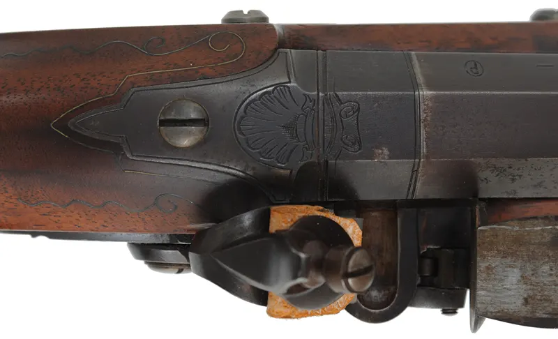 Flint Fowling Gun,
24 gauge, 30-1/2" octagon-to-round barrel,
flintlock, checkered walnut, iron trim,
used, by Ron Paull Flint Fowling Gun,
24 gauge, 30-1/2" octagon-to-round barrel,
flintlock, checkered walnut, iron trim,
used, by Ron Paull