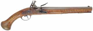Model 1733 French Dragoon Pistol,
.62 caliber smoothbore, 12" barrel,
flintlock, figured walnut, brass trim,
used, by Ron Scott