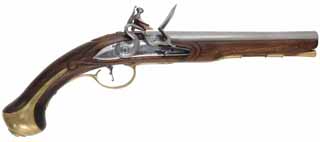  1730 era Dragoon Pistol , .62 caliber smoothbore, 10" barrel, Chambers flint lock, walnut, brass trim, used, by Kenneth Lincavage 