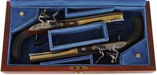  Alexander Hamilton ~ Aaron Burr, Wogdon Dueling Pistols , .54 caliber smooth bore, 9-3/4" swamped barrel, checkered walnut, brass forend, cased, by United States Historical Society 