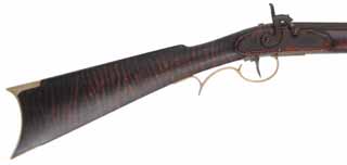 Henry E. Leman ~ Lancaster, Pennsylvania,
.50 caliber, 34" Green River Rifle Works barrel,
Siler Mountain percussion, faux stripe maple, brass,
used, by Les Bennet formerly of Green River Rifle Works, Roosevelt, Utah