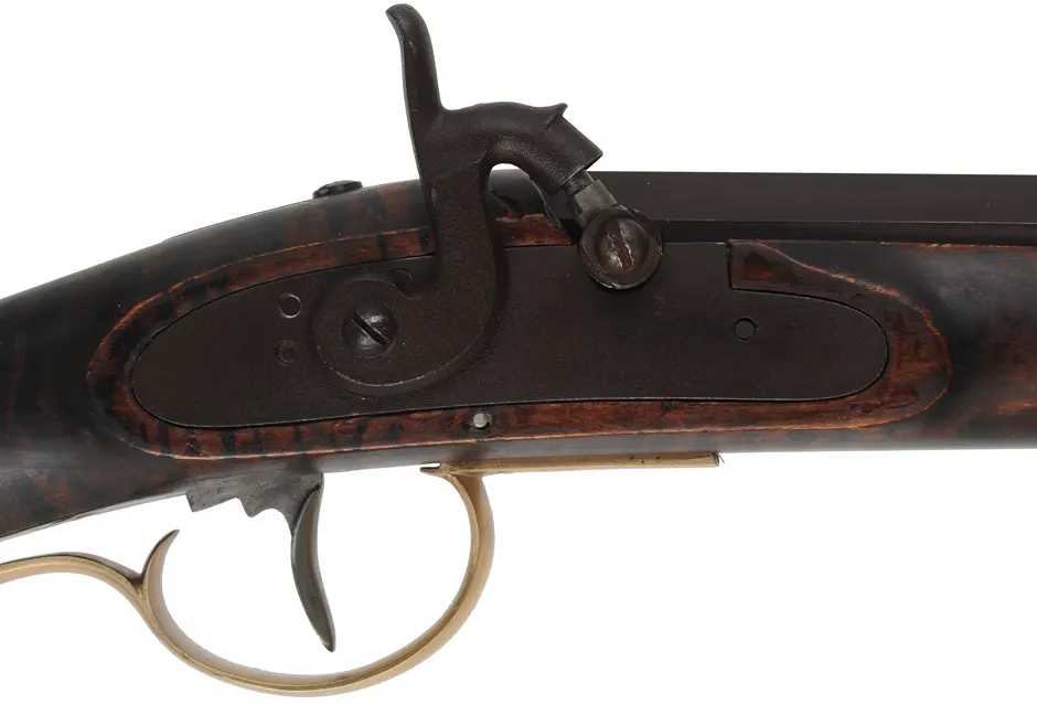 Henry E. Leman ~ Lancaster, Pennsylvania,
.50 caliber, 34" Green River Rifle Works barrel,
Siler Mountain percussion, faux stripe maple, brass,
used, by Les Bennet formerly of Green River Rifle Works, Roosevelt, Utah