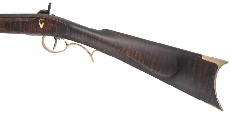 Henry E. Leman ~ Lancaster, Pennsylvania,
.50 caliber, 34" Green River Rifle Works barrel,
Siler Mountain percussion, faux stripe maple, brass,
used, by Les Bennet formerly of Green River Rifle Works, Roosevelt, Utah