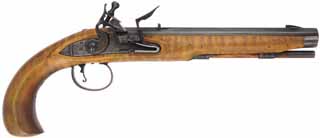 Kentucky Flint Pistol
.45 caliber, 10" barrel,
maple stock, iron trim, small Siler lock, used