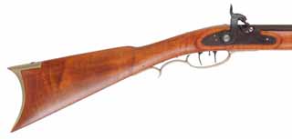 Ohio Longrifle,
.50 caliber, 40-1/2" barrel,
percussion, maple, brass trim, hooked breech, 
unfired, signed Sam Gorham