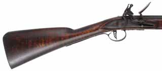 Canoe Gun,
20 gauge, 24" octagon-to-round barrel,
Chambers' English flintlock, maple, iron, used