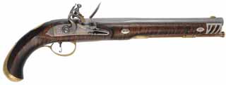 Holster Pistol,
.62 caliber smoothbore, 12" octagon-to-round barrel,
Ketland flintlock, engraved brass, curly maple, unfired

