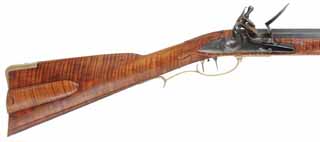 Virginia Longrifle,
.54 caliber, 44" swamped Colerain barrel,
flintlock, curly maple, brass trim,
new, by Thom Frazier