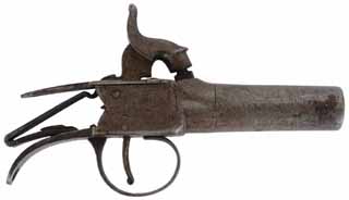Box Lock Muff Pistol, 
.48 caliber, 2" screw barrel,
no grip, no trigger return spring, 
English proofs, unsigned, antique