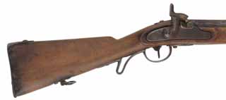 Antique Austrian Model 1854 Lorenz Jaegerstutzen,
.54 caliber, 28" octatgon-to-round barrel,
chipped and replaced wood, missing original rear sight, 
percussion, iron furniture, well aged patina