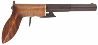 Ruggle Pistol, 
.38 caliber 5" octagon-to-round barrel,
percussion underhammer, maple, 
new, unfired, by Rod Olsen