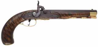 Kentucky Pistol,
.40 caliber, 8" barrel,
L&R percussion lock, walnut, brass,
new, unfired, by J. A. Wymore