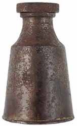 Antique Oil Bottle,
2" by 1-1/4" base, steel with aged patina 