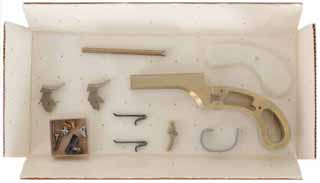 Classic Arms Snake-Eyes Pistol Kit,
.36 caliber smoothbore, 3-1/4" double barrel,
percussion, brass frame, faux mother-of-pearl grips,
new, shrink wrapped in box, by Classic Arms, USA