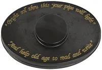 Tinder Box,
with burning glass lens,
3'' wide by 4-1/2'', black finish, engraved brass