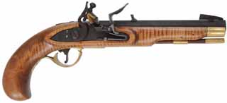 Kentucky Flint Pistol
.40 caliber, 8" barrel,
maple stock, brass trim, small Siler flintlock, 
used, by Matt Avance