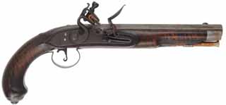 Belt Pistol
.42 caliber, 7-3/4" barrel,
L&R John Bailes flintlock, patina finished iron trim, 
maple, used, signed by J. Turpin