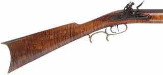 Ohio Halfstock Longrifle,
.45 caliber, 36" barrel,
L&R Bailes flintlock, curly maple, brass trim,
used, signed D. Greene