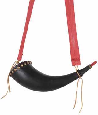 Eastern Buffalo Powder Horn,
13-1/2" tacked base, red linen strap, 
hand made, by Scott & Cathy Sibley