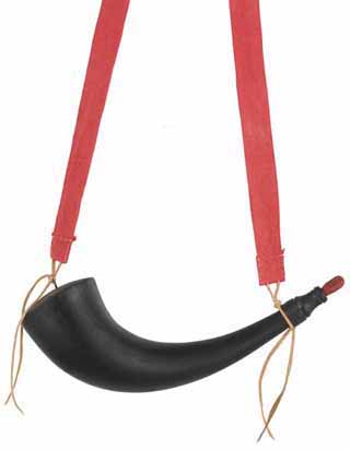 Eastern Buffalo Powder Horn,
13-3/4" low domed base with staple, red linen strap, 
hand made, by Scott & Cathy Sibley