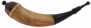 Powder Horn,
14", paneled tip, horn band, 
domed beehive base