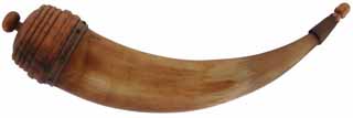 Powder Horn,
13-3/4", raised tip, horn band, turned beehive base