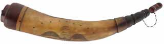 Powder Horn,
14", scrimshaw eagle, 
patina finished, iron staple