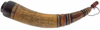 Powder Horn,
14", scrimshaw Patriotic verse, 
patina finished, iron staple