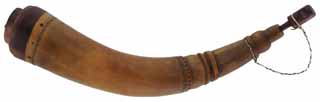 Powder Horn,
13-3/4", paneled neck,
double curve, scrimshaw borders, iron staple