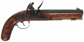 Rocky Mountain Pistol,
.54 caliber, 8-1/2" barrel,
flint lock, curly maple, iron trim,
used, by G.W. Hakes
