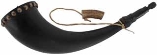 Buffalo Powder Horn,
15" with turned tip, brass tacks, powder measure,
hand made, by Scott & Cathy Sibley