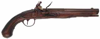 French Holster Pistol,
.62 caliber, 10" octagon-to-round barrel,
walnut stock, browned iron trim, 
used, by L. Day III