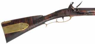 Colonial Longrifle, 
.54 caliber, 43-1/2" swamped barrel,
flintlock, curly maple, brass, 
new, unfired, by M. Compton